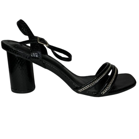 London Fog Elaina Black and Gold Strappy Mid Chunky Heel Size 11 Event Summer - Picture 3 of 7